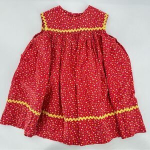 Vintage Handmade Girls Red Floral Dress 18–24M Yellow Rickrack Trim